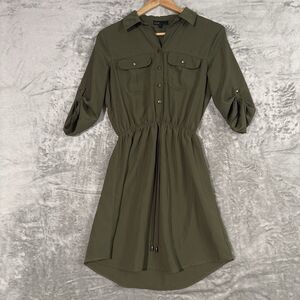 BeBop Olive Green Utility Shirt Dress Small S Roll Tab Sleeve Cinch Waist Mini